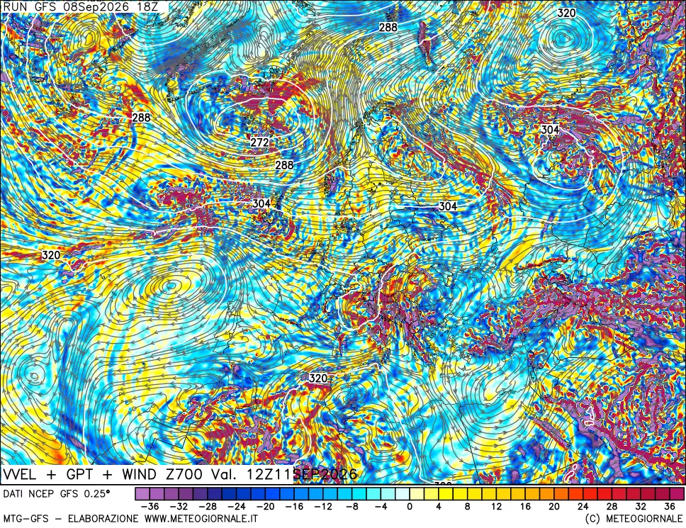 mappa 700 hPa Velocità verticiali + GPT + Vento