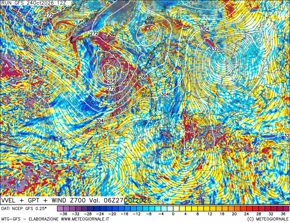 mappa 700 hPa Velocità verticiali + GPT + Vento