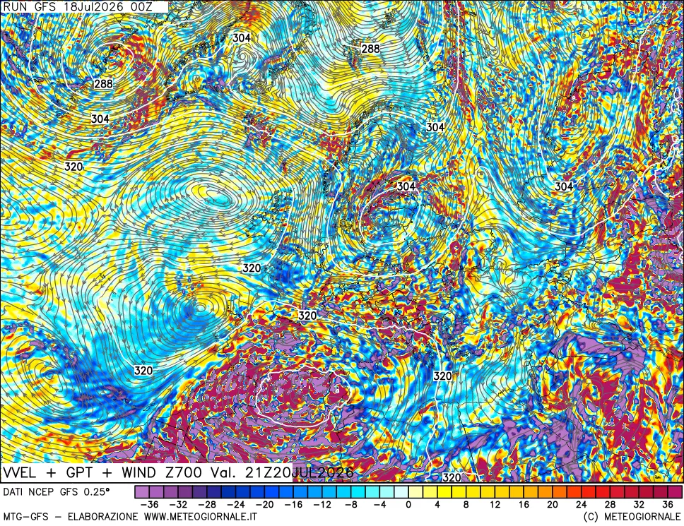 mappa 700 hPa Velocità verticiali + GPT + Vento