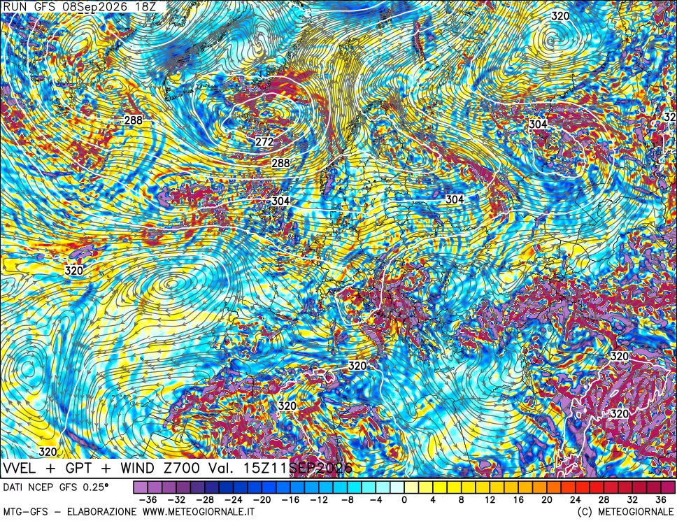 mappa 700 hPa Velocità verticiali + GPT + Vento
