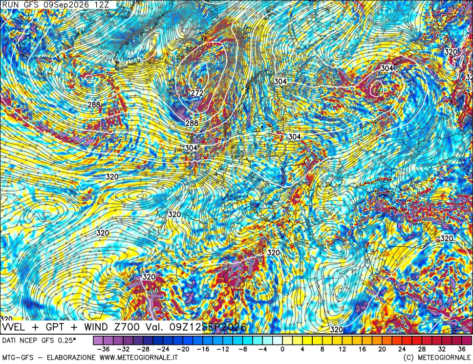 mappa 700 hPa Velocità verticiali + GPT + Vento