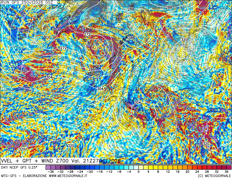 mappa 700 hPa Velocità verticiali + GPT + Vento