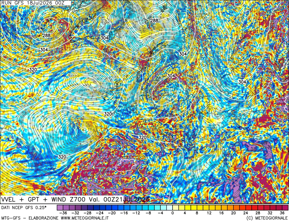 mappa 700 hPa Velocità verticiali + GPT + Vento