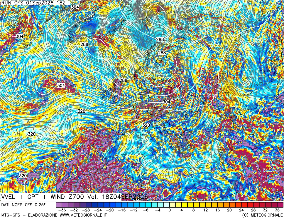 mappa 700 hPa Velocità verticiali + GPT + Vento