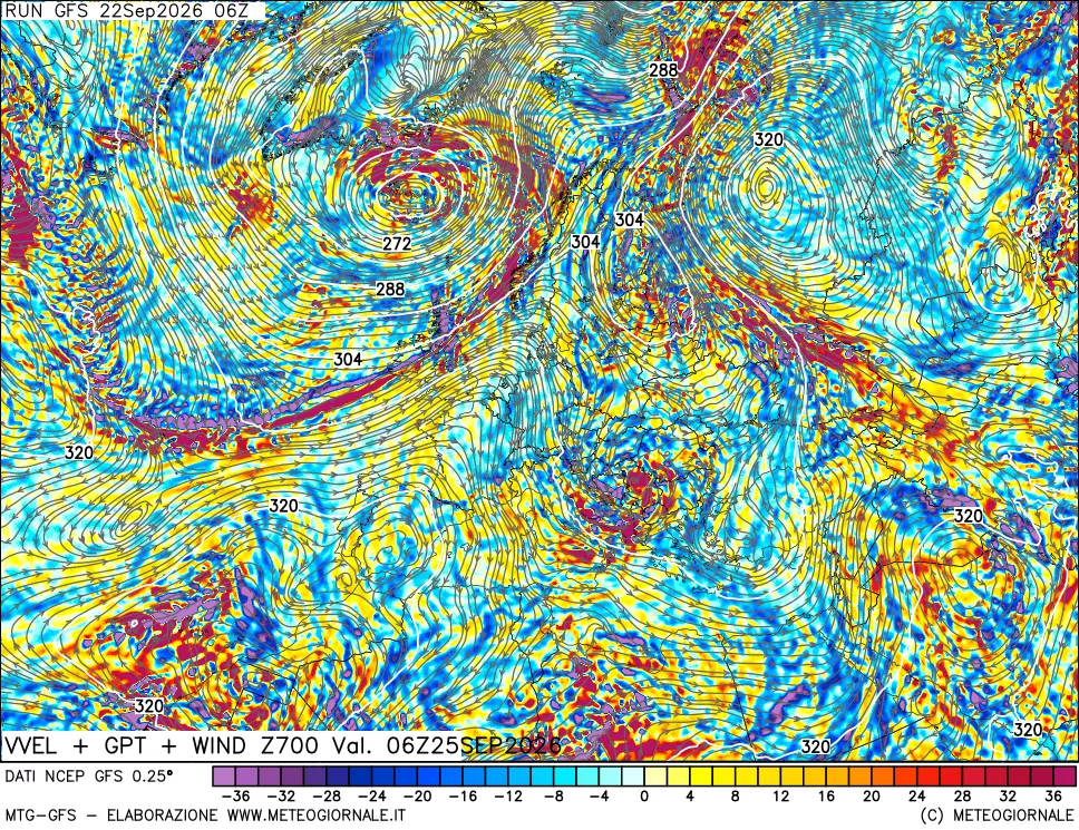 mappa 700 hPa Velocità verticiali + GPT + Vento