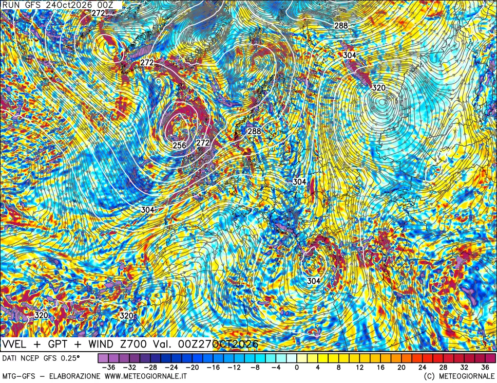 mappa 700 hPa Velocità verticiali + GPT + Vento