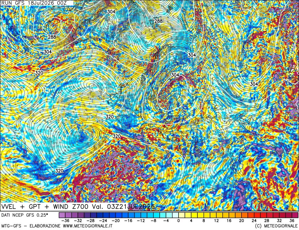 mappa 700 hPa Velocità verticiali + GPT + Vento