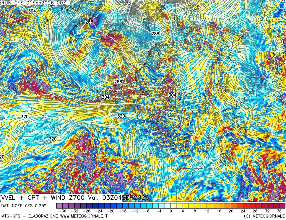 mappa 700 hPa Velocità verticiali + GPT + Vento