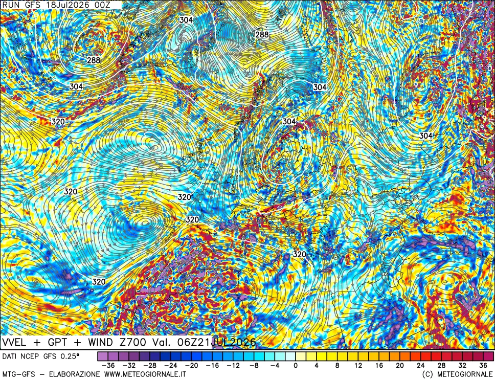 mappa 700 hPa Velocità verticiali + GPT + Vento