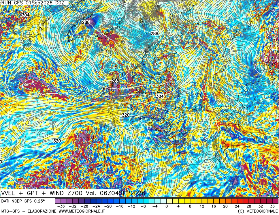 mappa 700 hPa Velocità verticiali + GPT + Vento