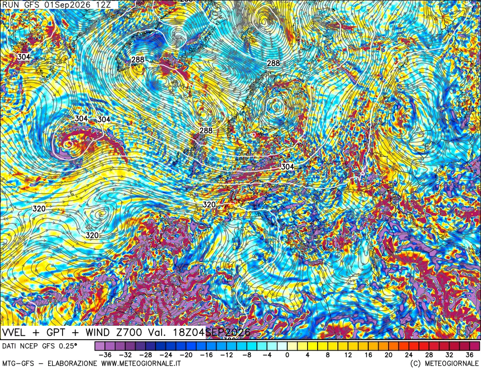 mappa 700 hPa Velocità verticiali + GPT + Vento