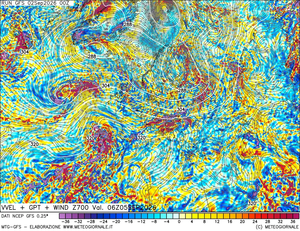 mappa 700 hPa Velocità verticiali + GPT + Vento