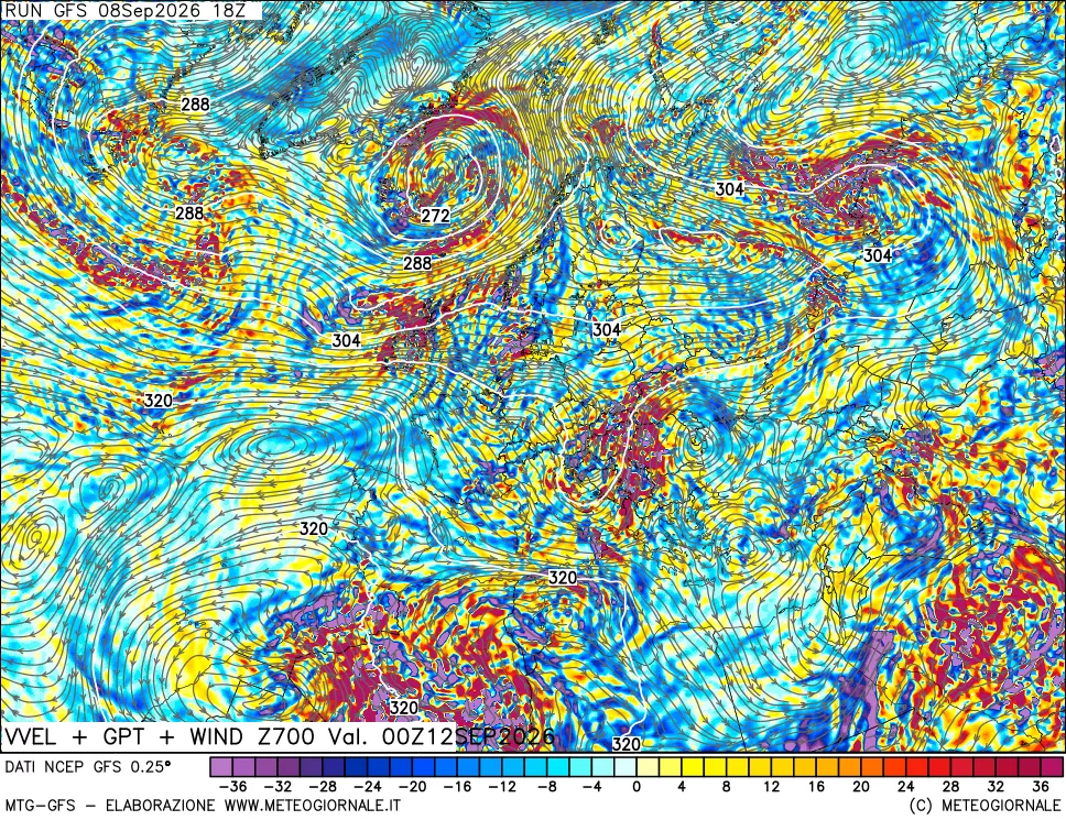 mappa 700 hPa Velocità verticiali + GPT + Vento
