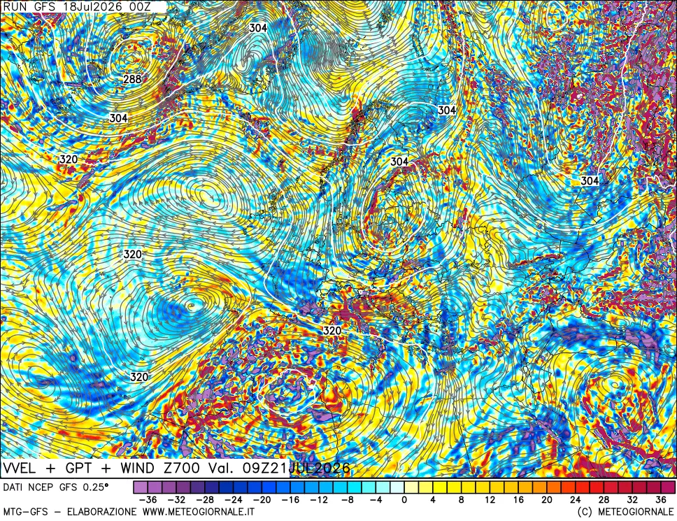 mappa 700 hPa Velocità verticiali + GPT + Vento