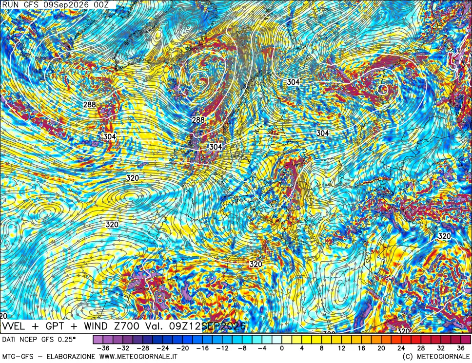 mappa 700 hPa Velocità verticiali + GPT + Vento