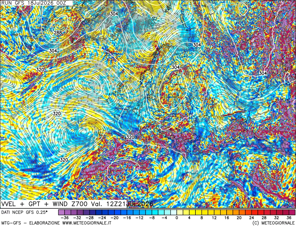 mappa 700 hPa Velocità verticiali + GPT + Vento