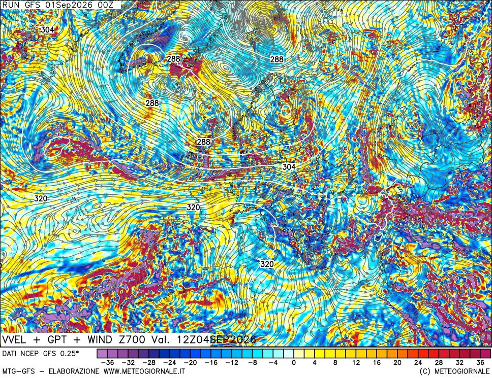 mappa 700 hPa Velocità verticiali + GPT + Vento