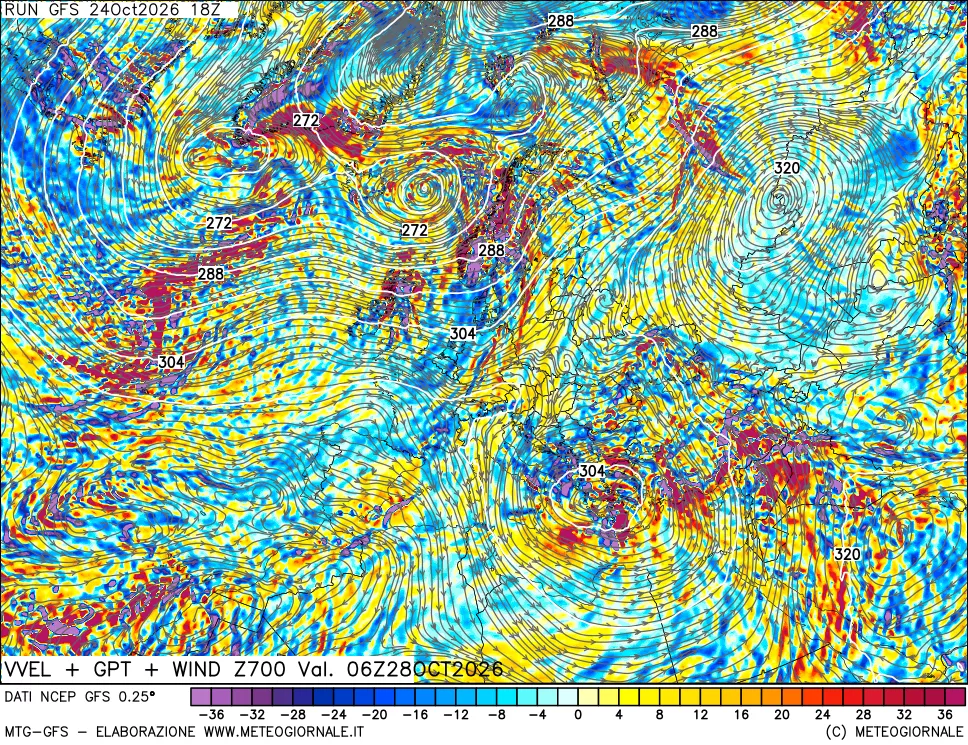 mappa 700 hPa Velocità verticiali + GPT + Vento