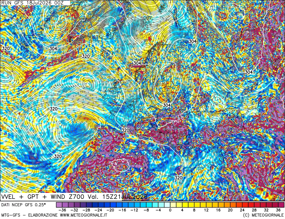 mappa 700 hPa Velocità verticiali + GPT + Vento