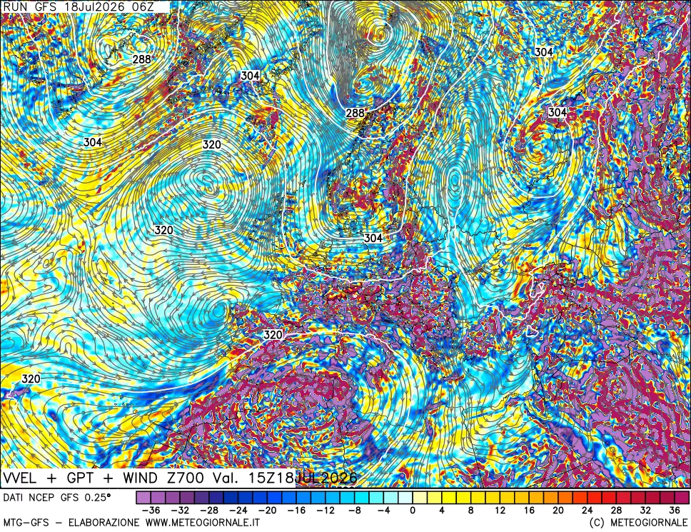 mappa 700 hPa Velocità verticiali + GPT + Vento