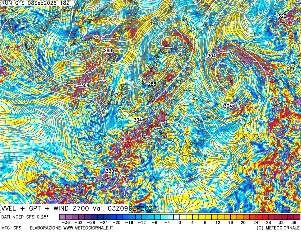 mappa 700 hPa Velocità verticiali + GPT + Vento