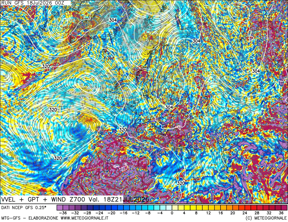 mappa 700 hPa Velocità verticiali + GPT + Vento
