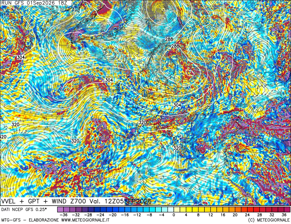 mappa 700 hPa Velocità verticiali + GPT + Vento