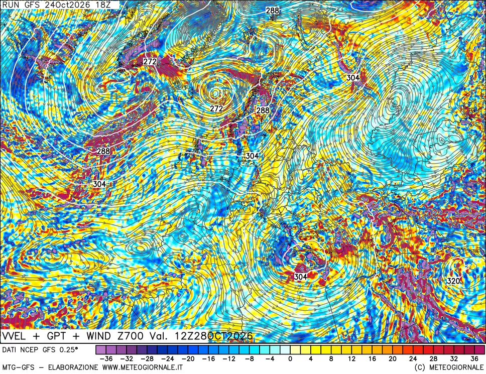 mappa 700 hPa Velocità verticiali + GPT + Vento