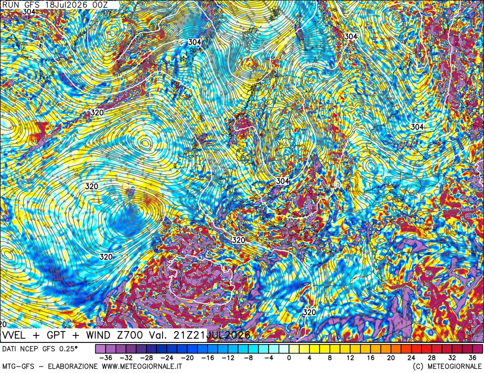 mappa 700 hPa Velocità verticiali + GPT + Vento
