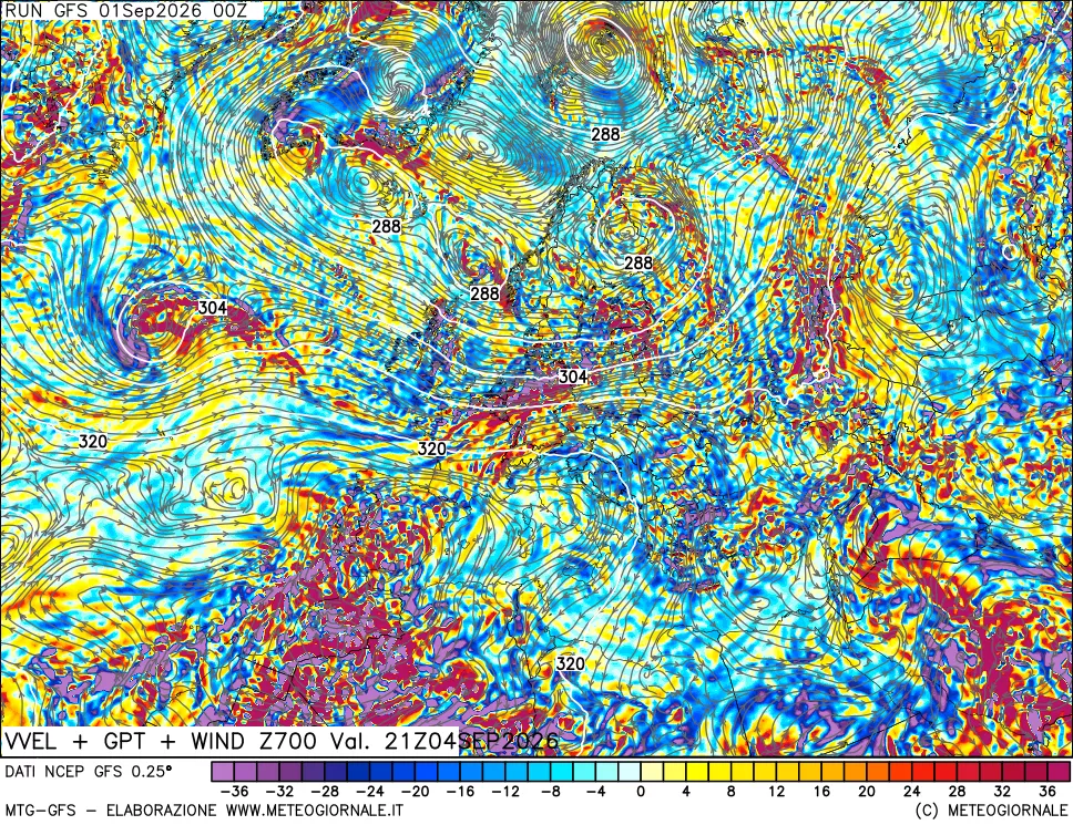 mappa 700 hPa Velocità verticiali + GPT + Vento