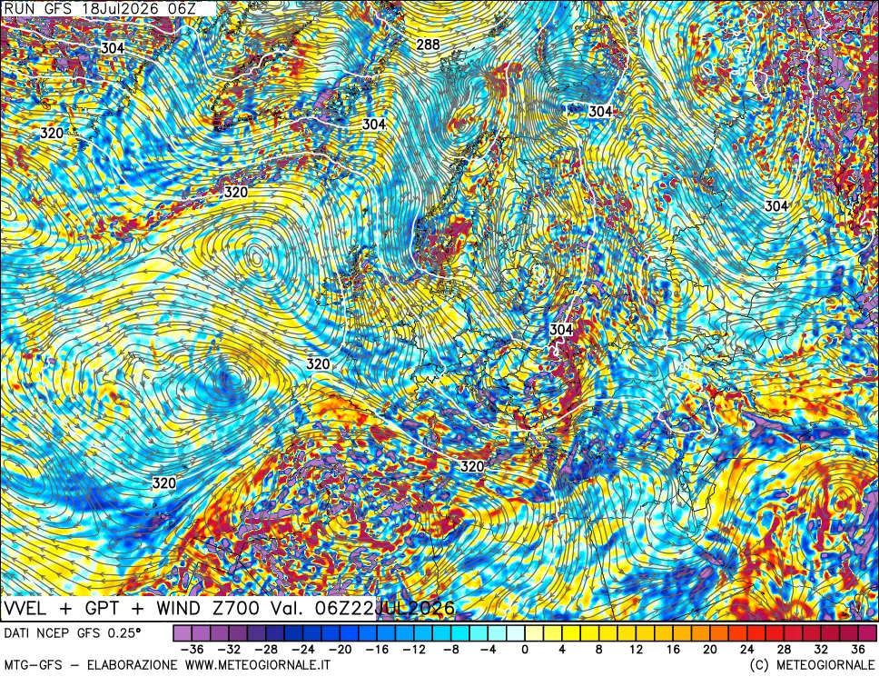 mappa 700 hPa Velocità verticiali + GPT + Vento