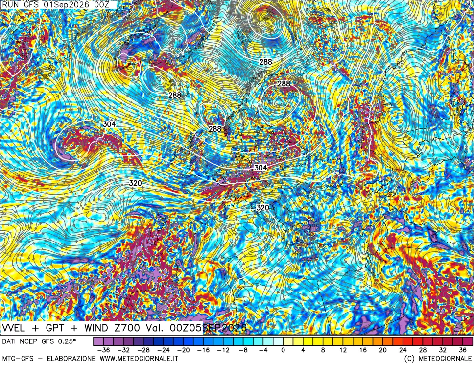 mappa 700 hPa Velocità verticiali + GPT + Vento