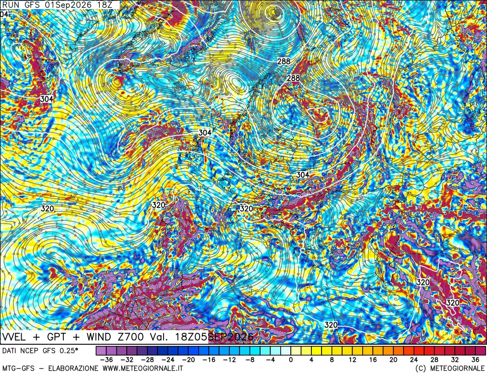 mappa 700 hPa Velocità verticiali + GPT + Vento