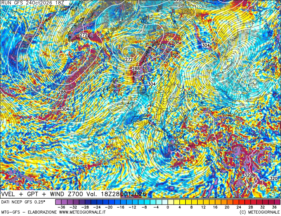 mappa 700 hPa Velocità verticiali + GPT + Vento