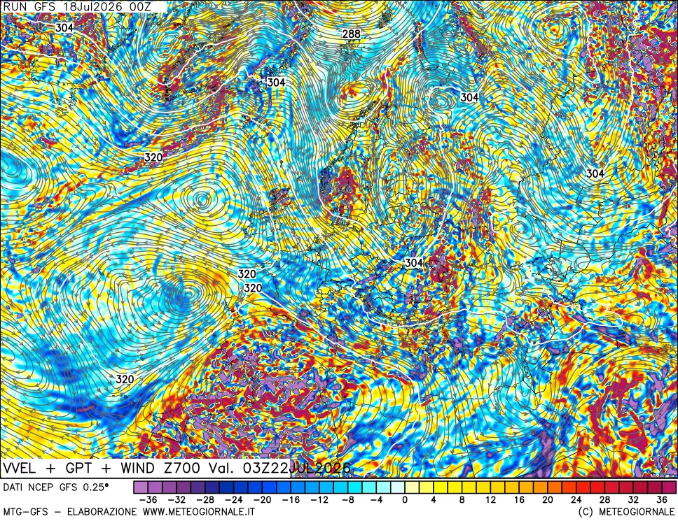 mappa 700 hPa Velocità verticiali + GPT + Vento