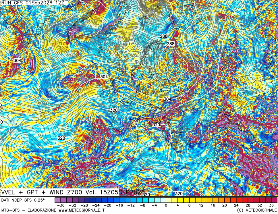 mappa 700 hPa Velocità verticiali + GPT + Vento