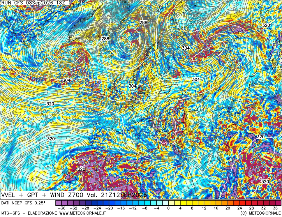 mappa 700 hPa Velocità verticiali + GPT + Vento