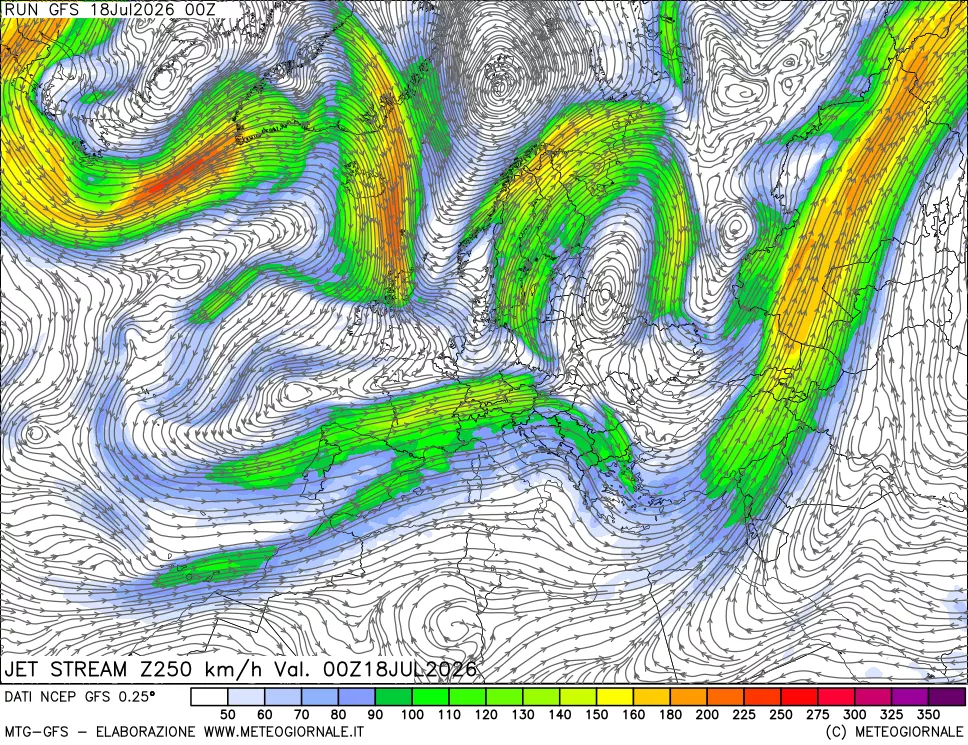 mappa 250 hPa Jet stream