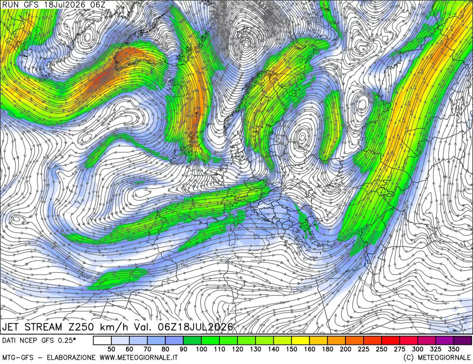 mappa 250 hPa Jet stream
