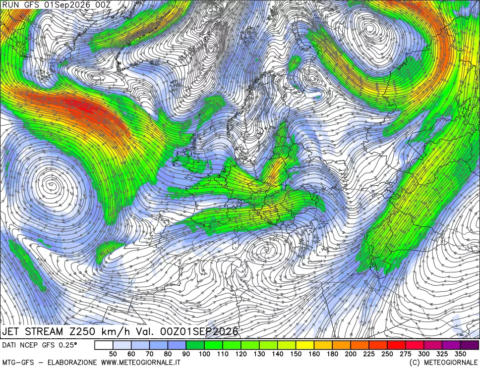 mappa 250 hPa Jet stream