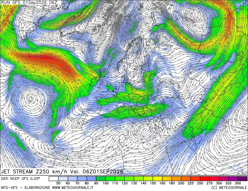 mappa 250 hPa Jet stream