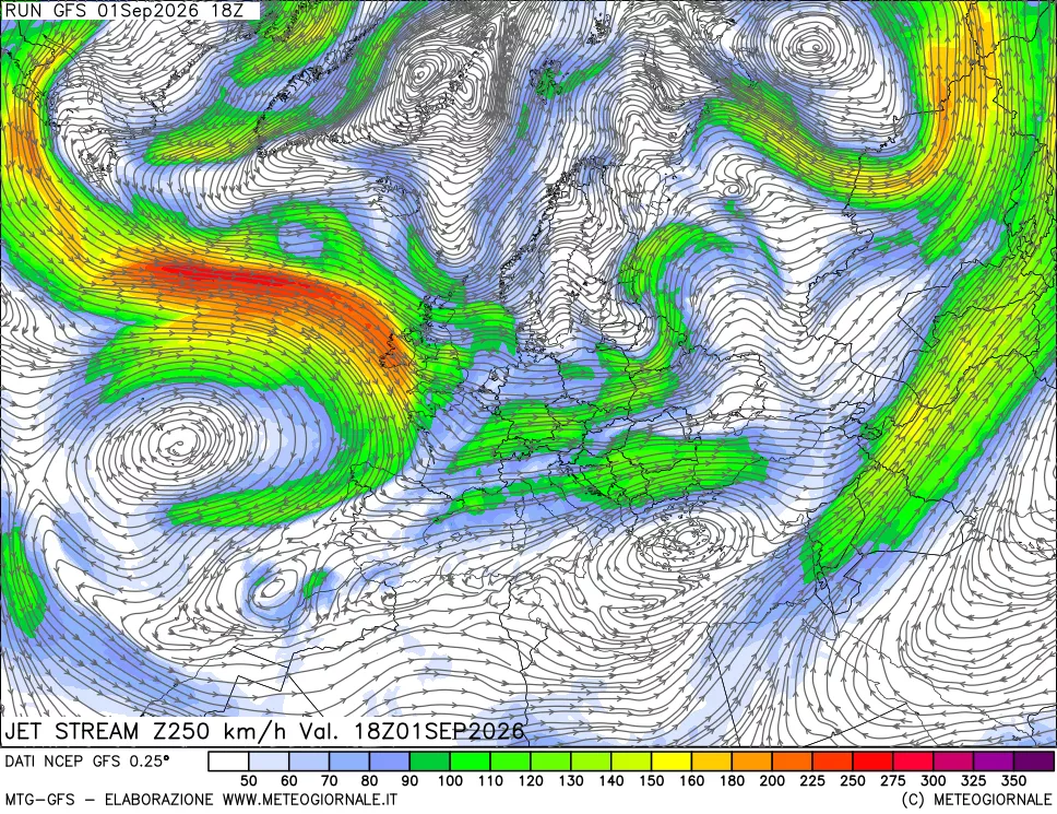 mappa 250 hPa Jet stream