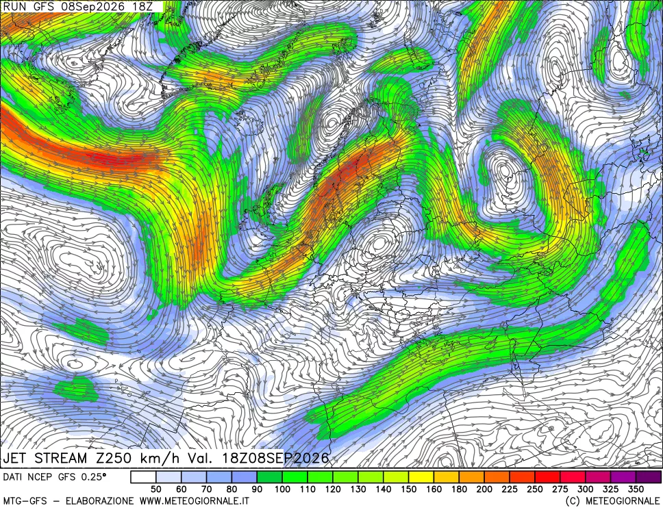 mappa 250 hPa Jet stream