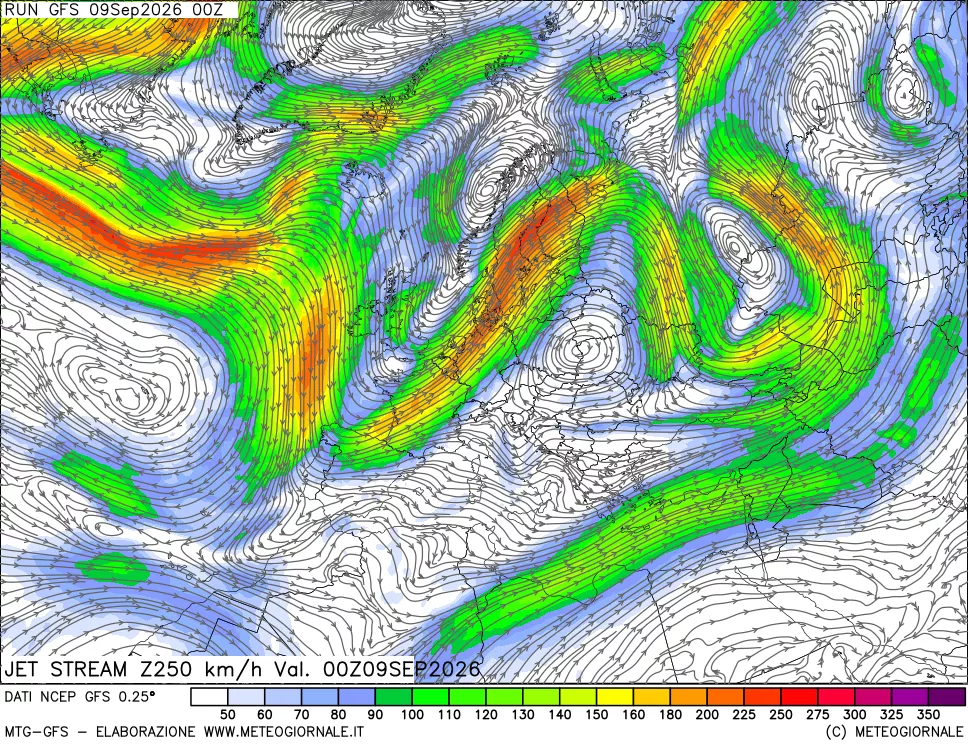 mappa 250 hPa Jet stream