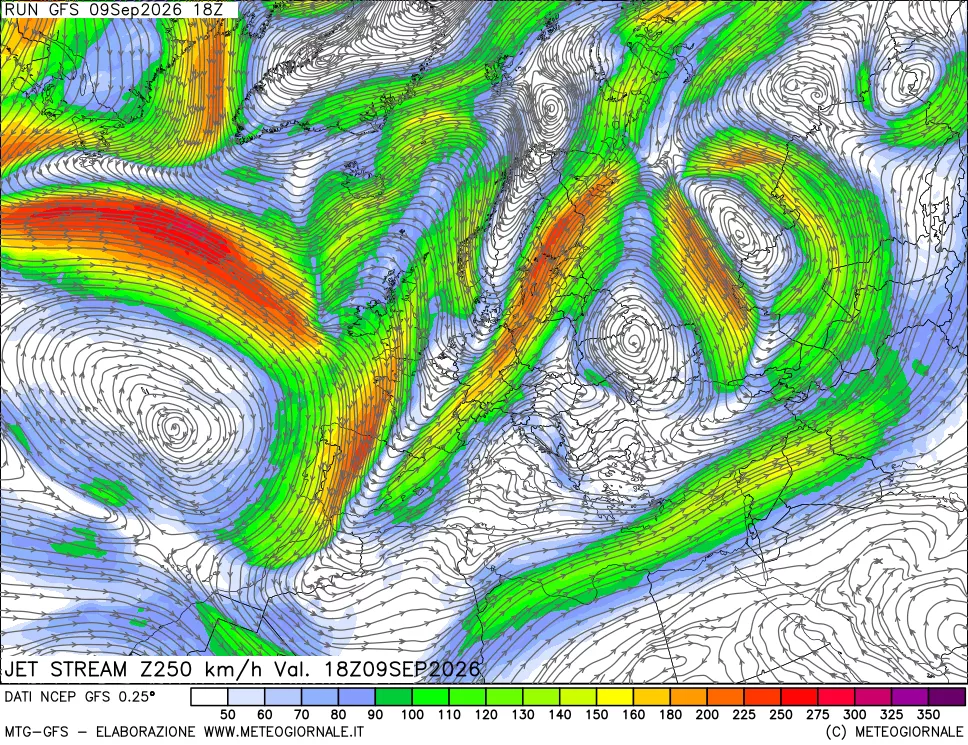 mappa 250 hPa Jet stream