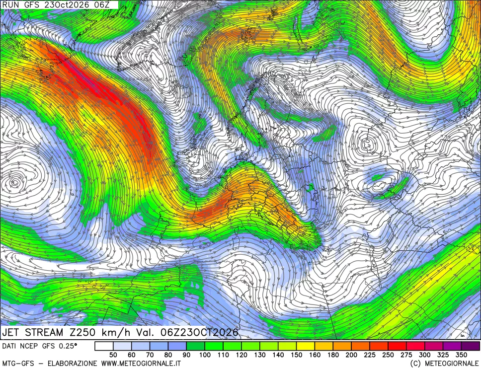 mappa 250 hPa Jet stream