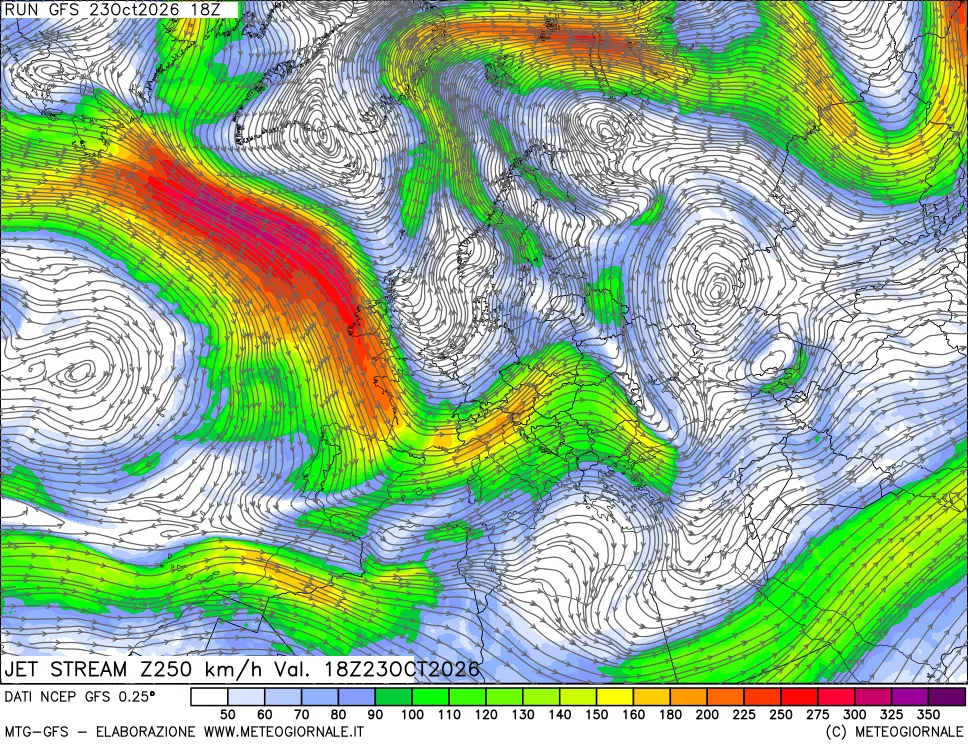 mappa 250 hPa Jet stream