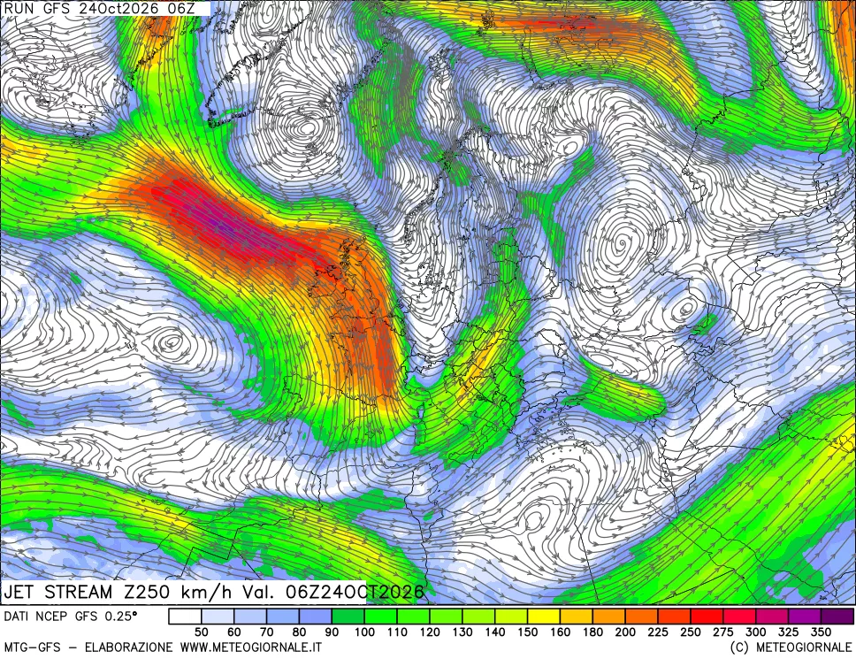 mappa 250 hPa Jet stream