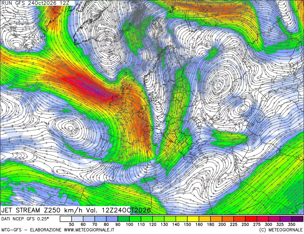 mappa 250 hPa Jet stream