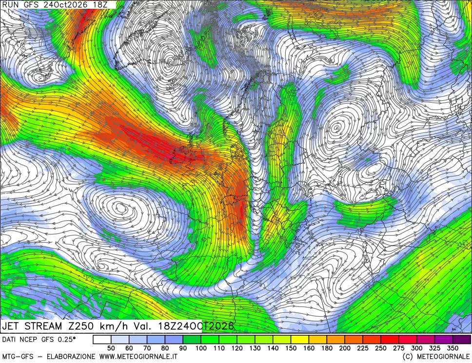 mappa 250 hPa Jet stream
